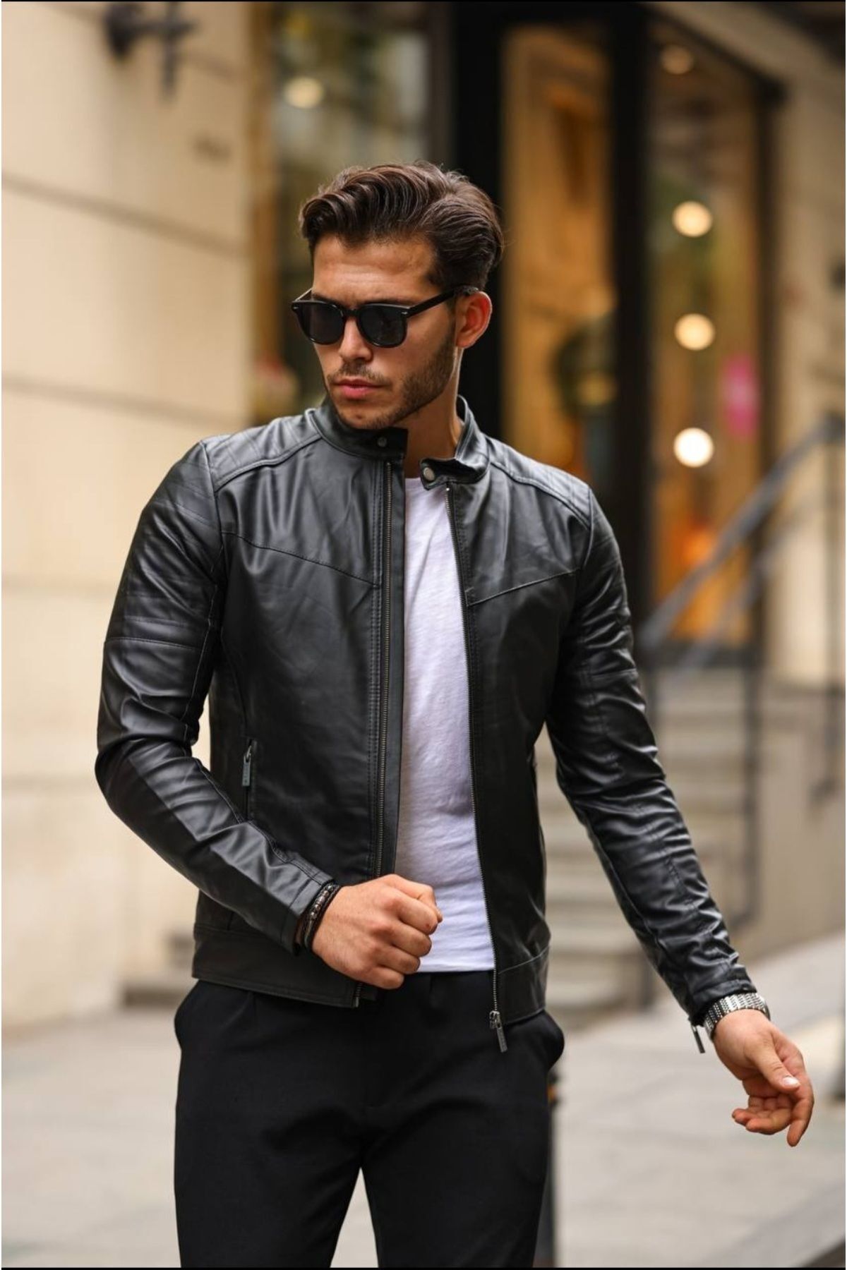 Erkek Siyah Slim Fit Suni Deri Ceket