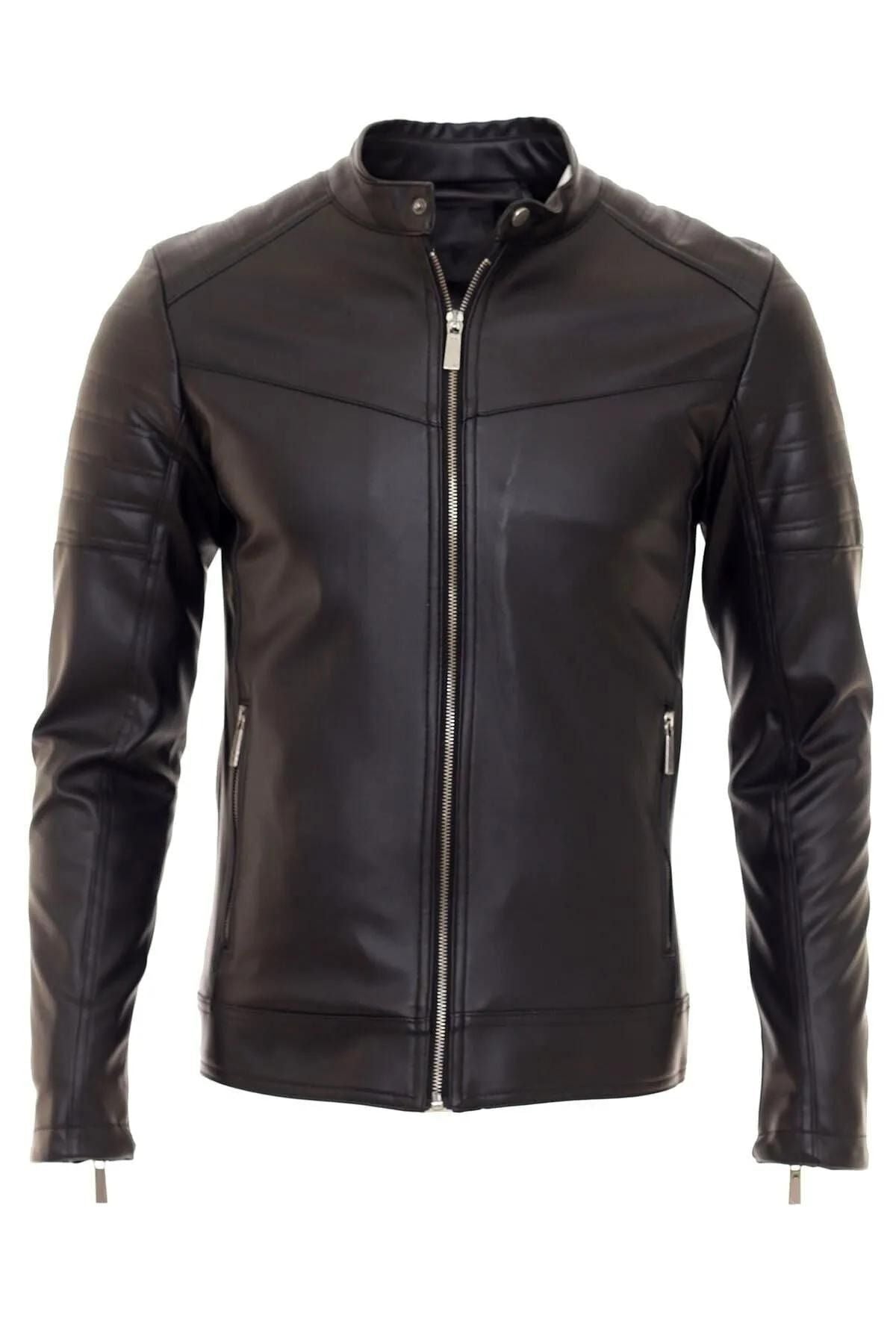 Erkek Siyah Slim Fit Suni Deri Ceket