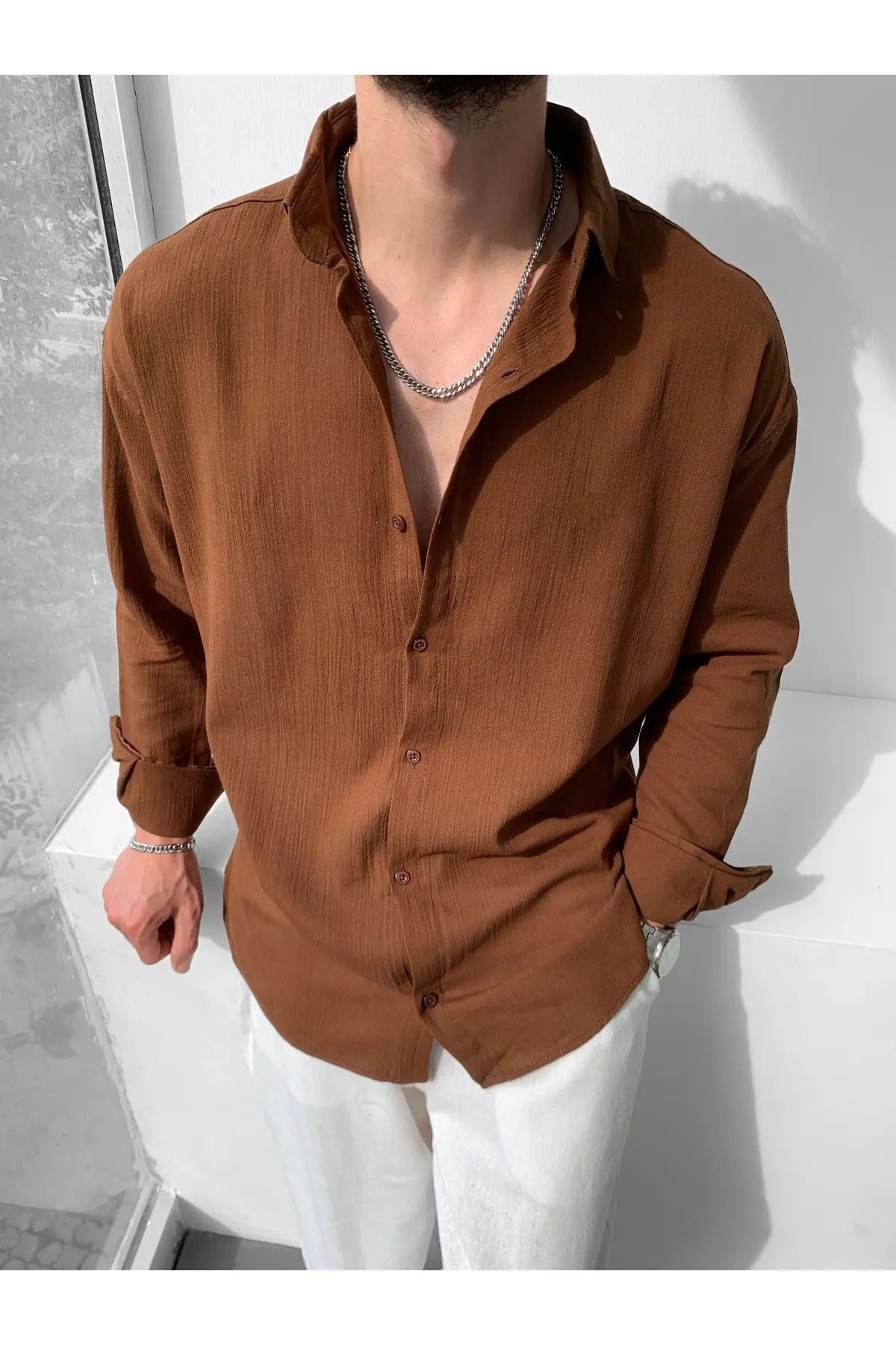 Erkek Oversize Uzun Kollu Yazlık Keten Gömlek - Kahverengi