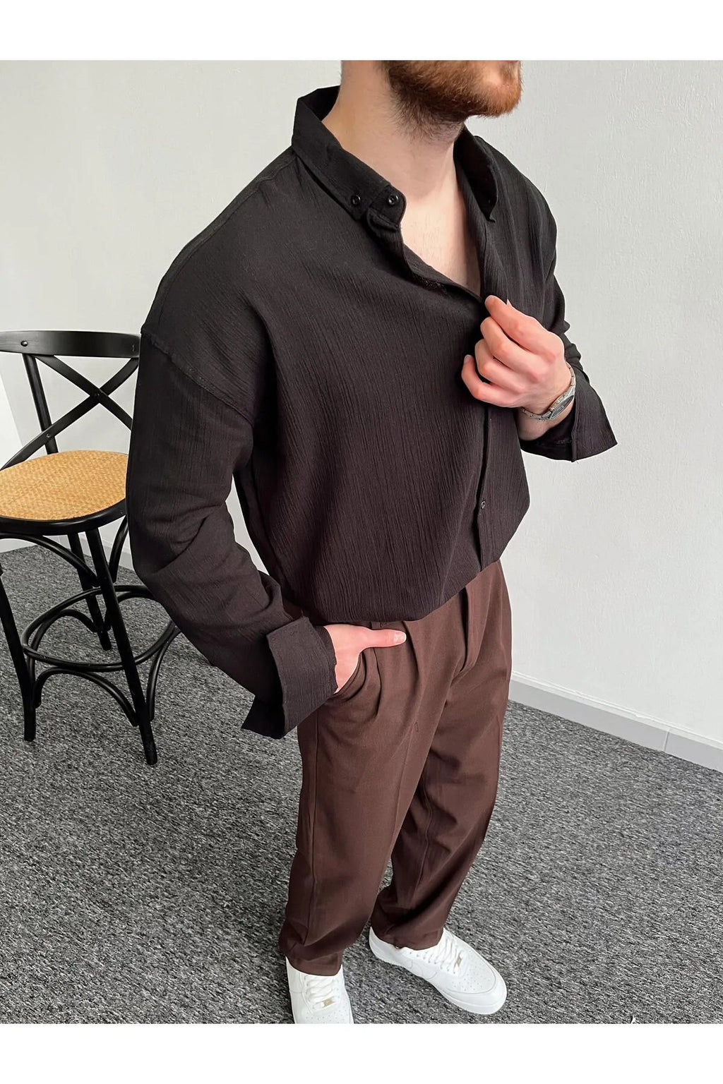 Erkek Oversize Uzun Kollu Yazlık Keten Gömlek - Siyah