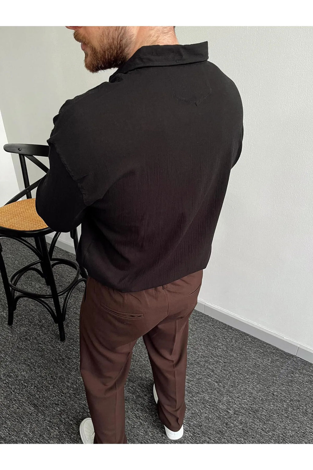 Erkek Oversize Uzun Kollu Yazlık Keten Gömlek - Siyah
