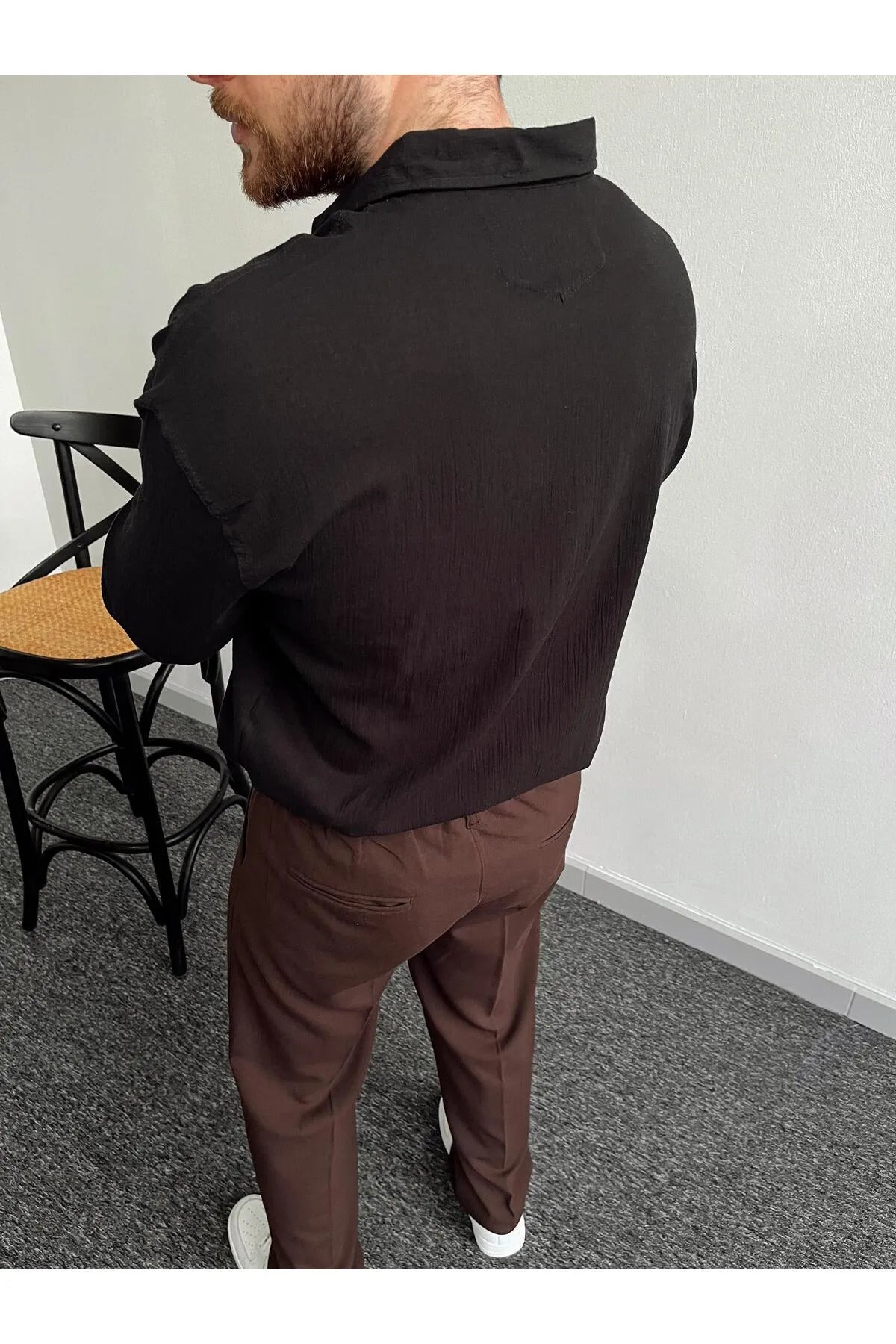 Erkek Oversize Uzun Kollu Yazlık Keten Gömlek - Siyah