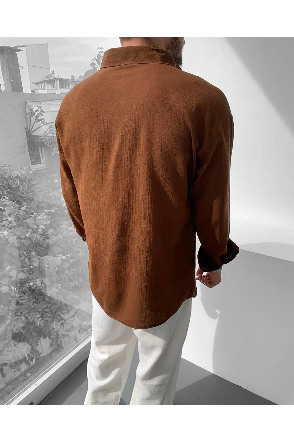 Erkek Oversize Uzun Kollu Yazlık Keten Gömlek - Kahverengi