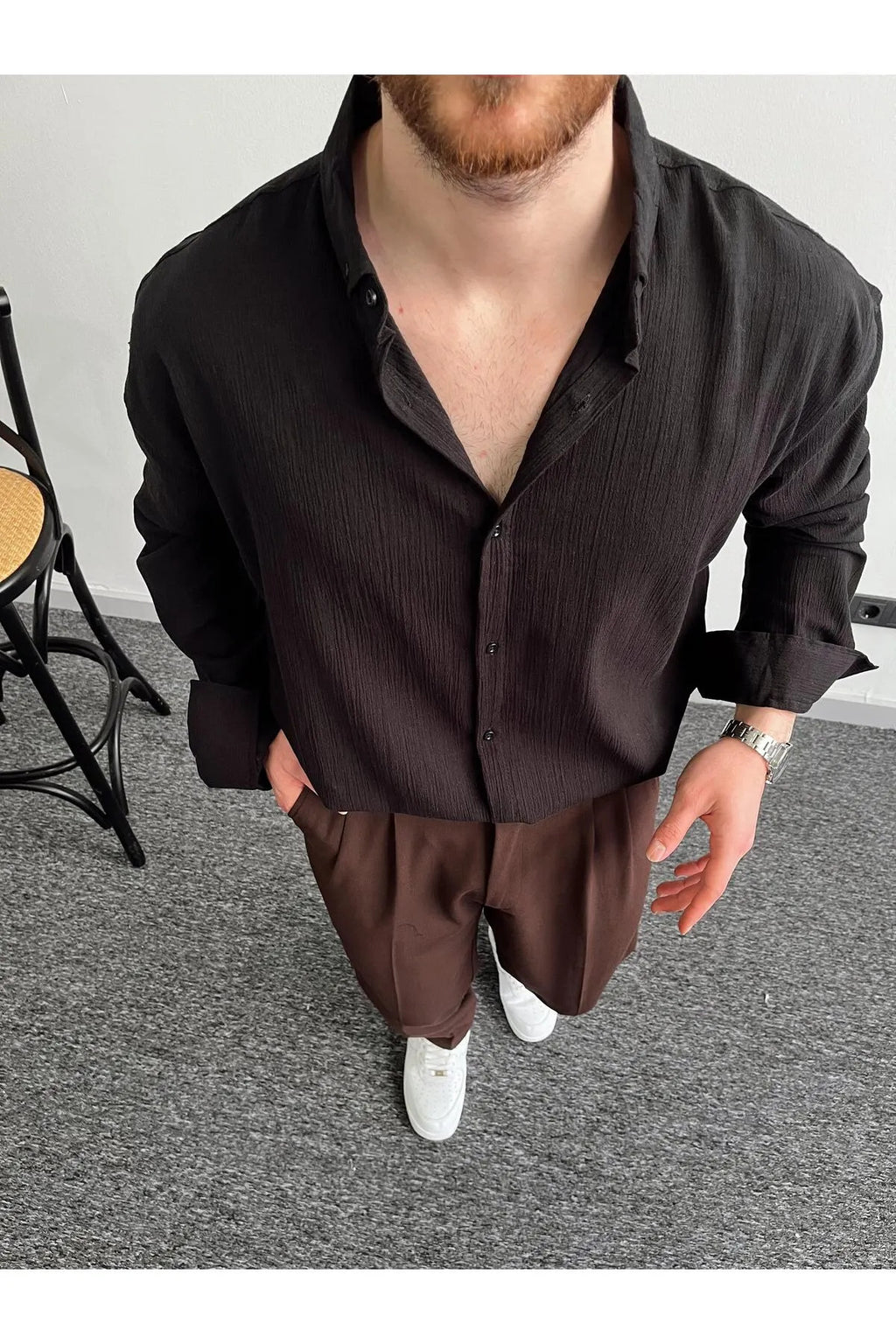 Erkek Oversize Uzun Kollu Yazlık Keten Gömlek - Siyah