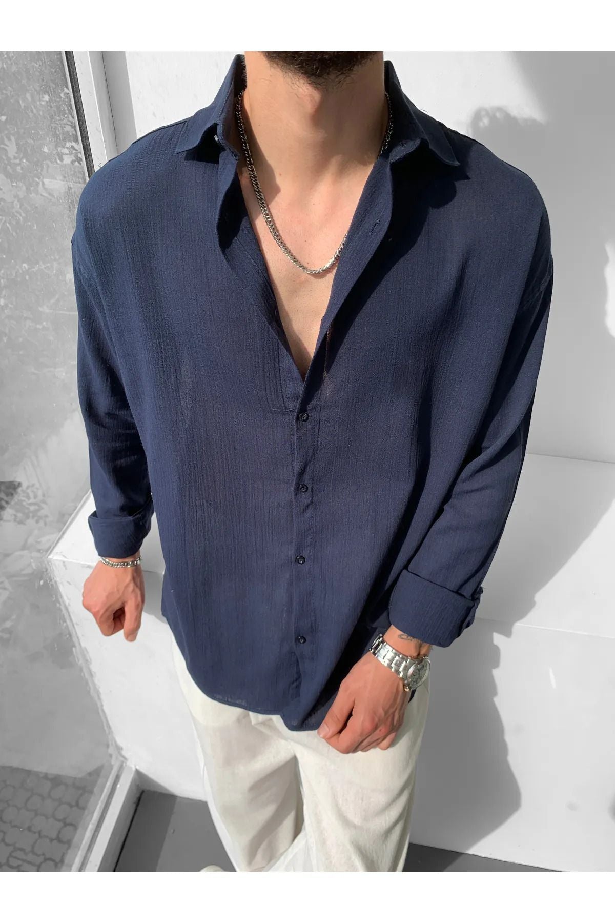 Erkek Oversize Uzun Kollu Yazlık Keten Gömlek - Lacivert