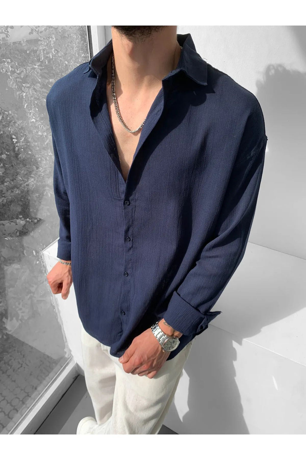 Erkek Oversize Uzun Kollu Yazlık Keten Gömlek - Lacivert