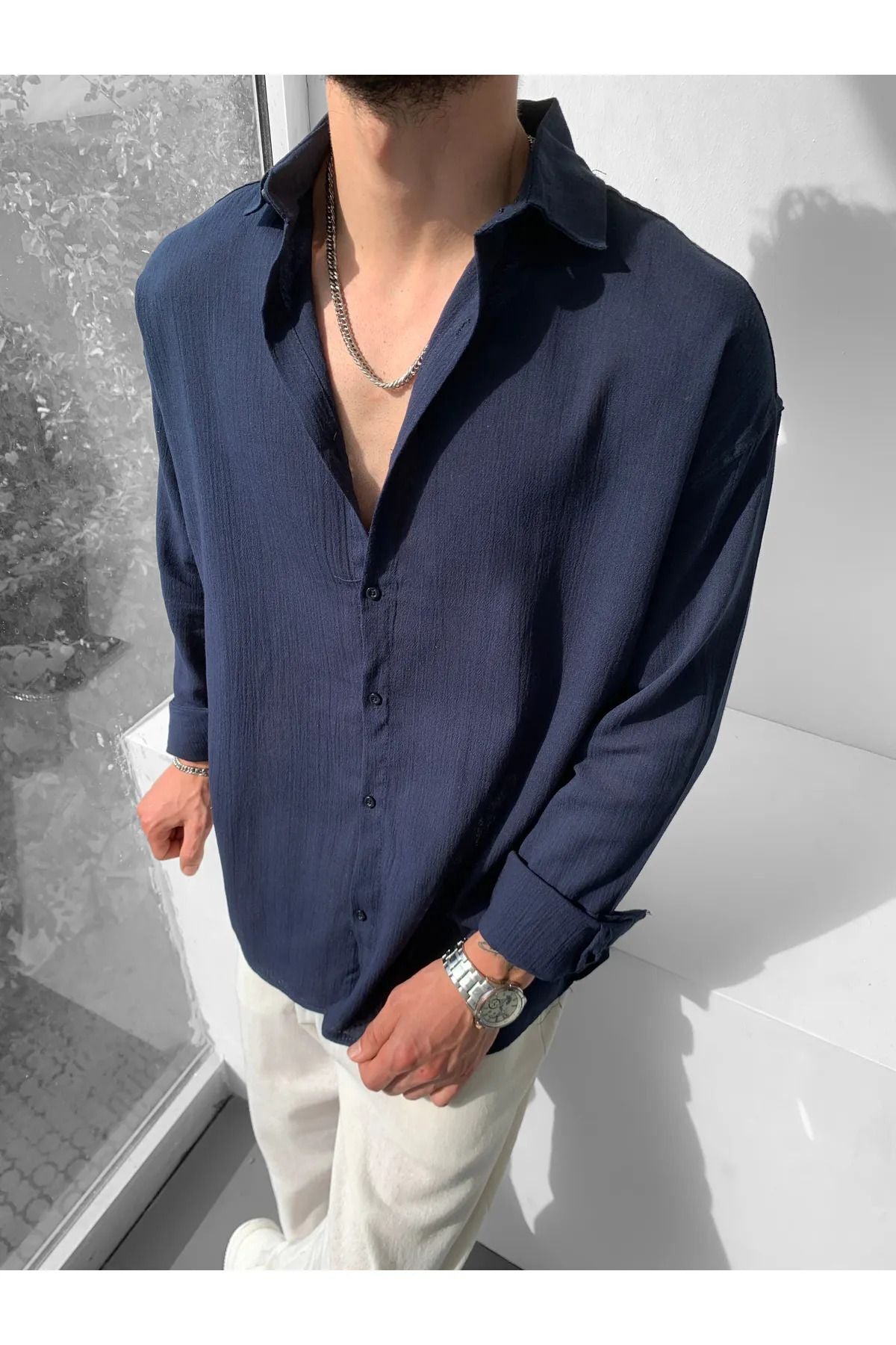 Erkek Oversize Uzun Kollu Yazlık Keten Gömlek - Lacivert