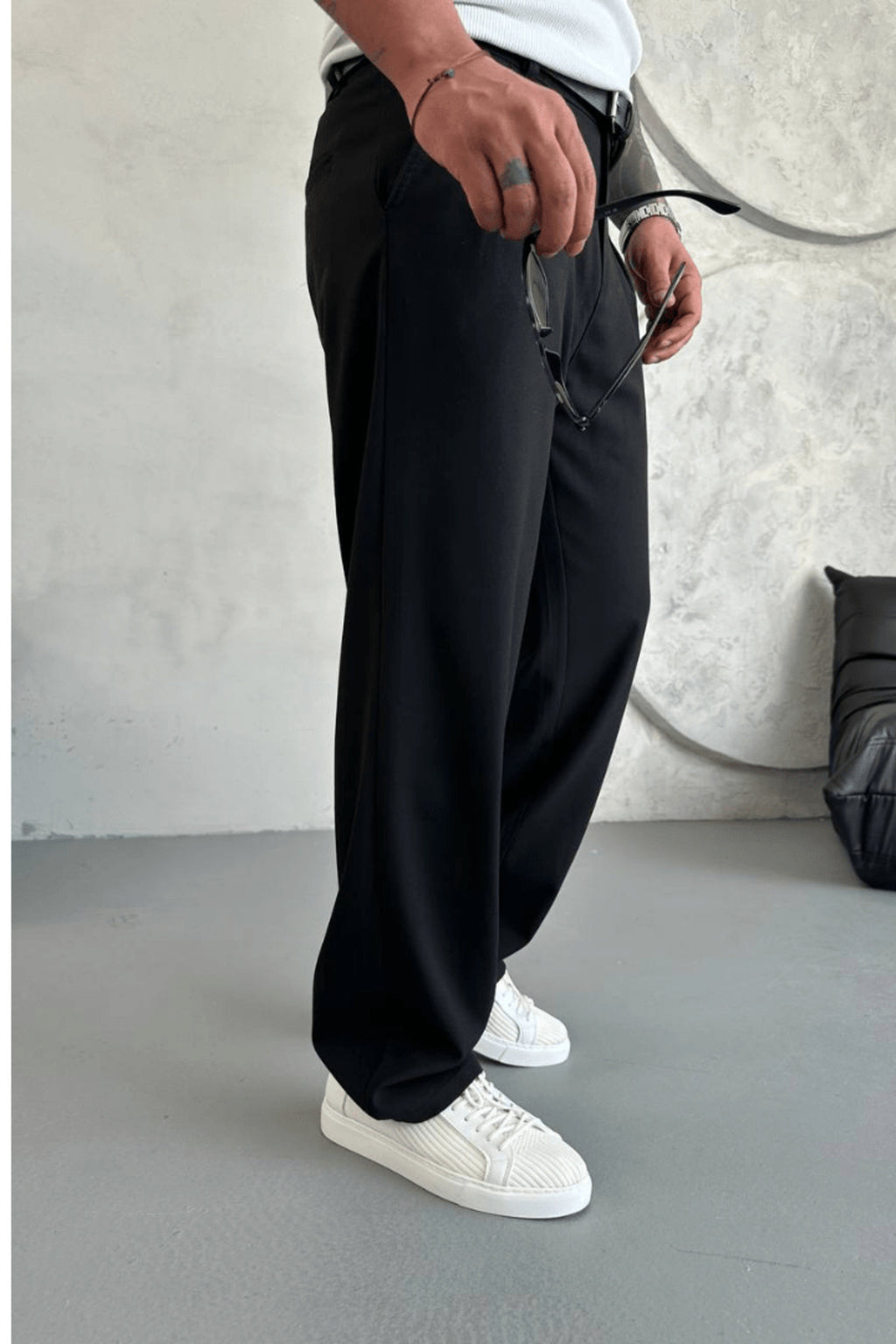 Erkek Siyah Baggy Kumaş Yazlık Rahat Pantolon