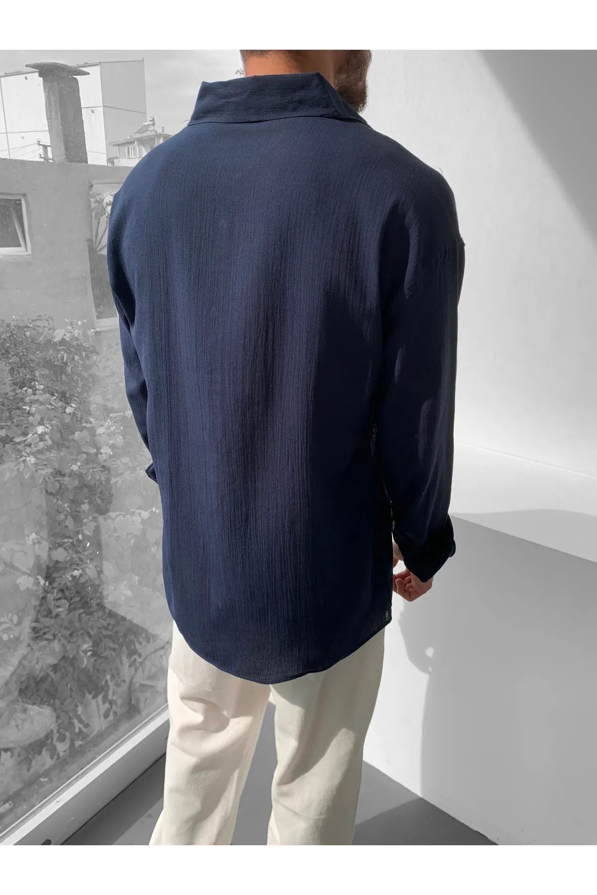 Erkek Oversize Uzun Kollu Yazlık Keten Gömlek - Lacivert