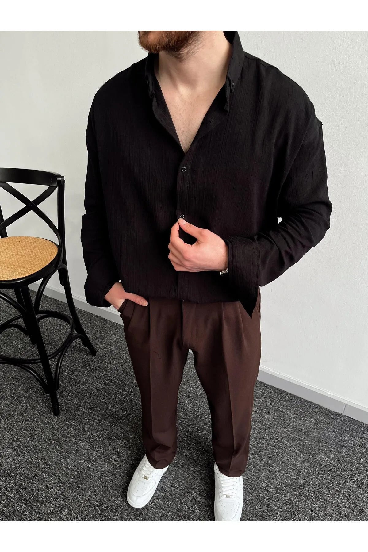 Erkek Oversize Uzun Kollu Yazlık Keten Gömlek - Siyah