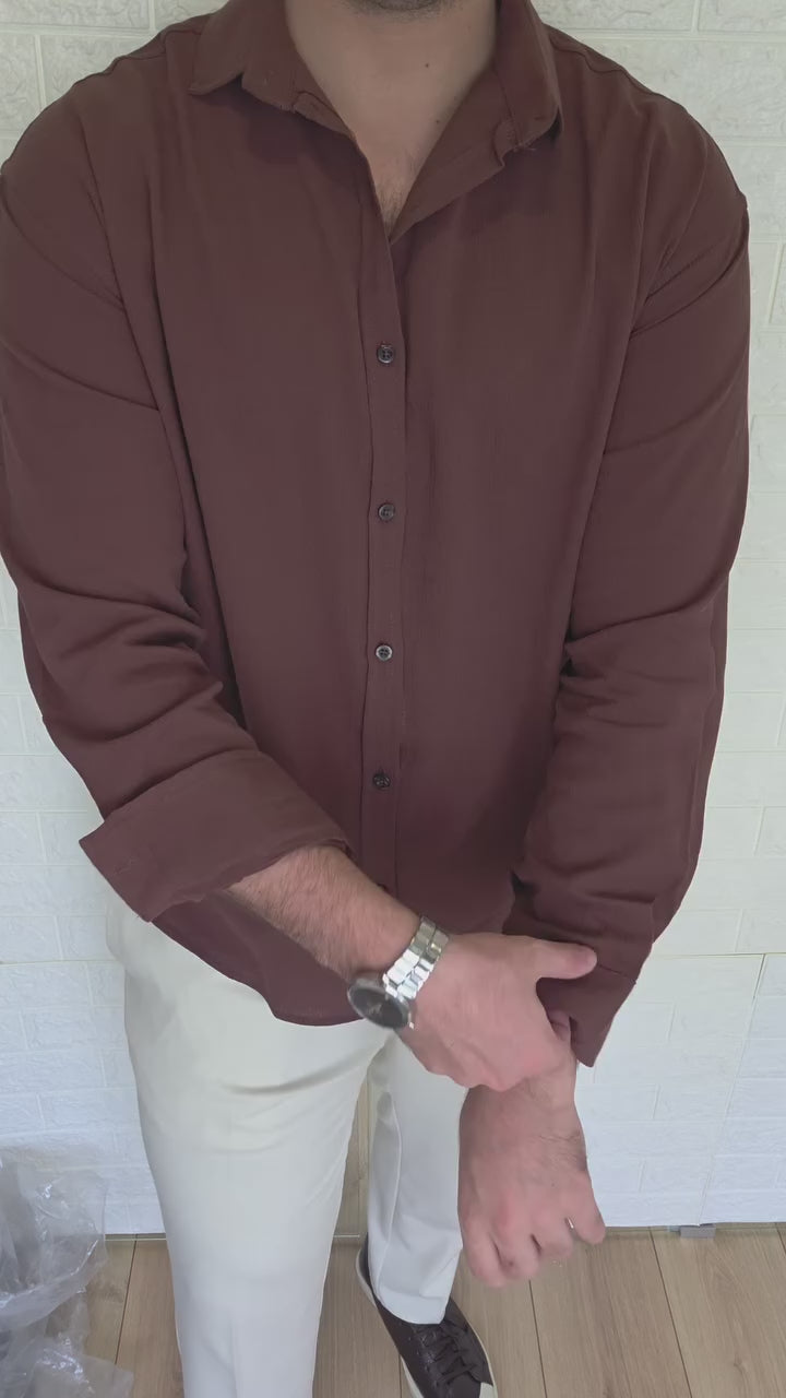Erkek Oversize Uzun Kollu Yazlık Keten Gömlek - Kahverengi